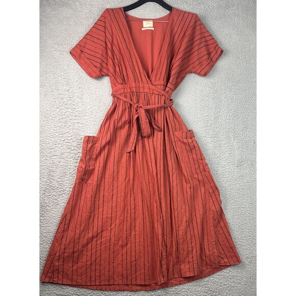 Urban Outfitters Women's Gabrielle Linen Midi Wrap Dress MED Burnt Orange Stripe - Picture 3 of 12